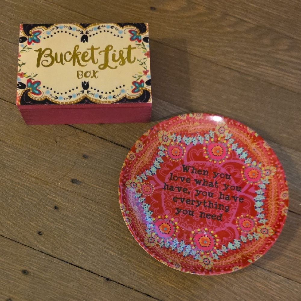 NATURAL LIFE : Set 2- Trinket Plate/dish & "Bucket List" Box W/ Notes & Pencil